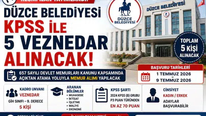 Düzce Belediyesi KPSS ile 5 Veznedar Alımı Yapacak! Başvuru Şartları