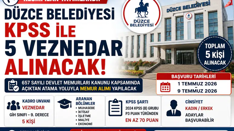 Düzce Belediyesi KPSS ile 5 Veznedar Alımı Yapacak! Başvuru Şartları
