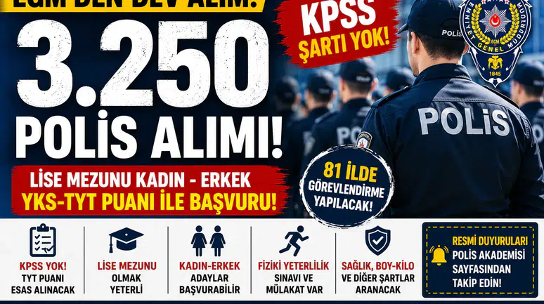 EGM 3.250 Polis Alımı Yapacak! KPSS Yok, Lise Mezunu ve TYT ile Başvuru