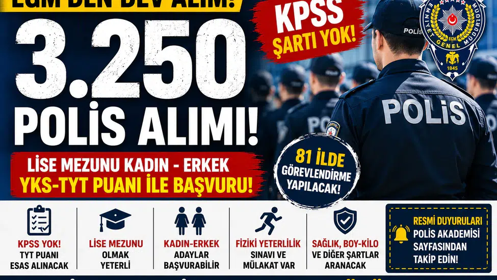 EGM 3.250 Polis Alımı Yapacak! KPSS Yok, Lise Mezunu ve TYT ile Başvuru